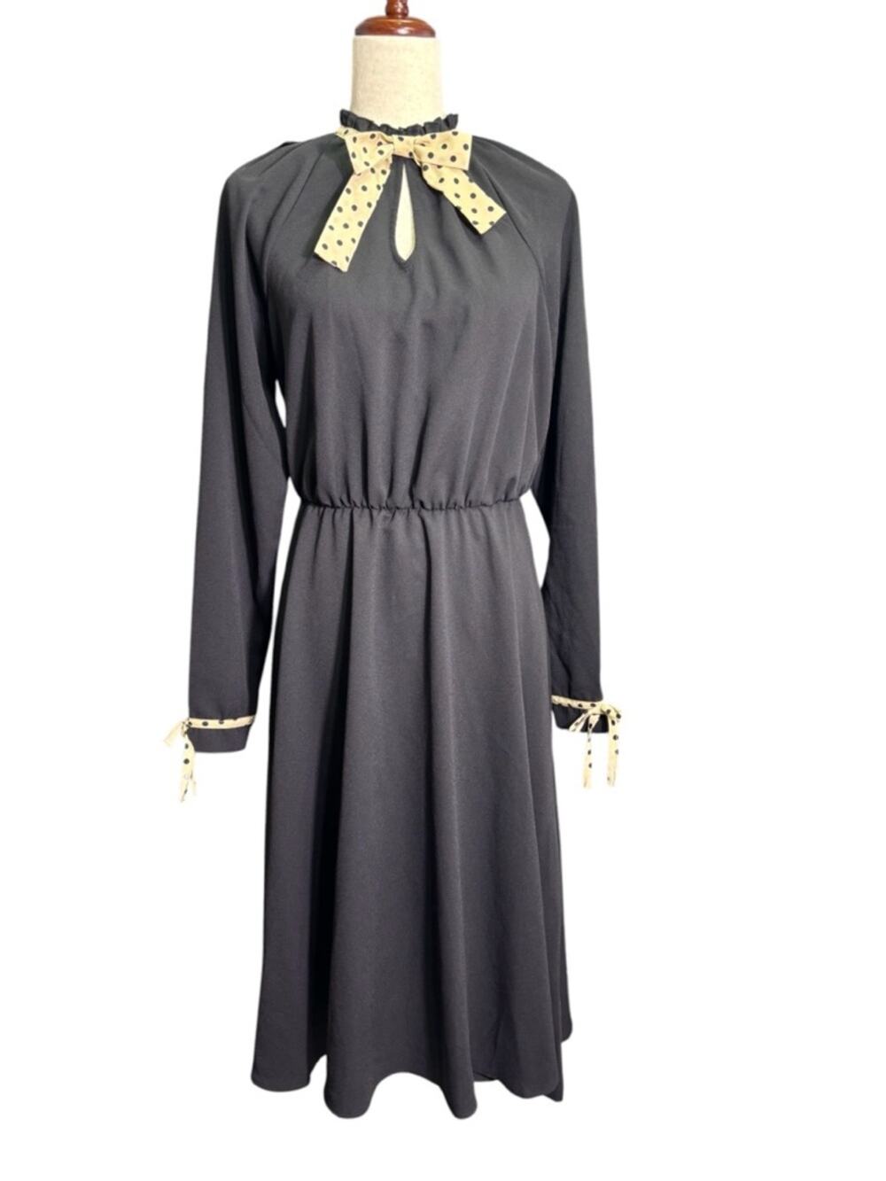 NWT Unique Vintage Black Midi Dress Polka Dot Bow Whimsigoth Witchy Romantic M